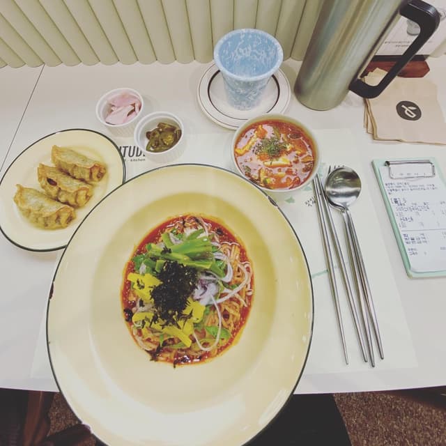 Photo of the dish “Crunchy Vegetable Spicy Noodles and Gyoza Dumpling”