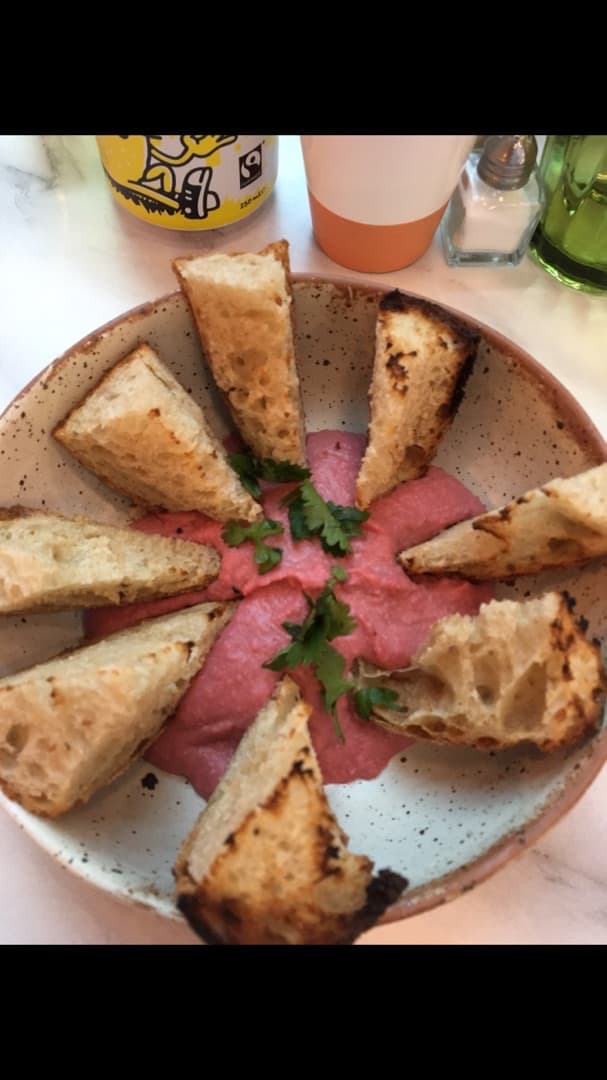 Photo of the dish “Sourdough Soldiers & Beetroot Hummus”
