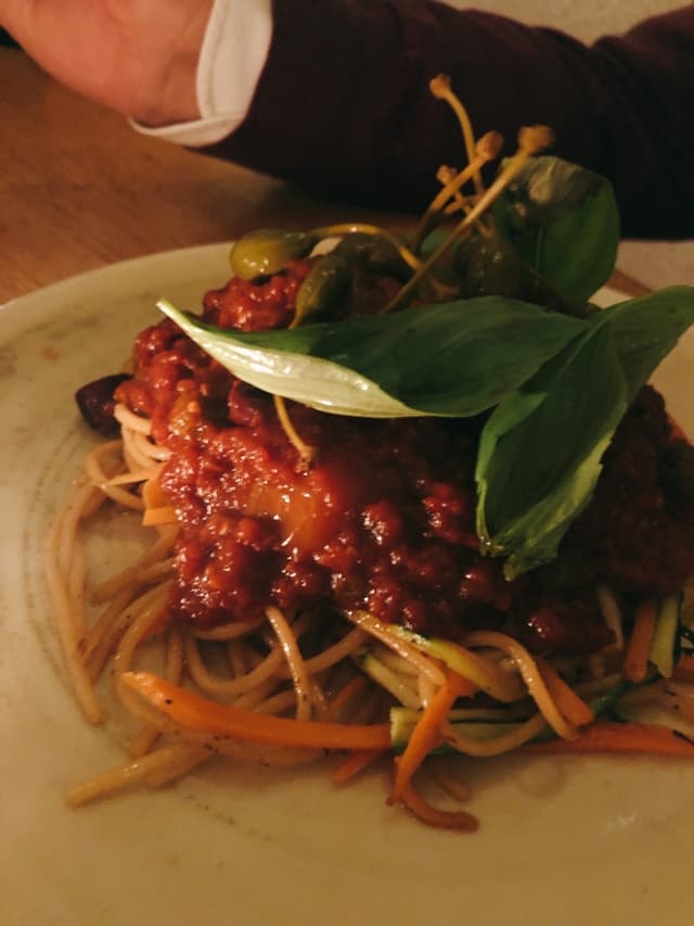 Photo of the dish “Red lentil, zucchini and carrot spaghetti with arrabiata sauce of olives and capers”