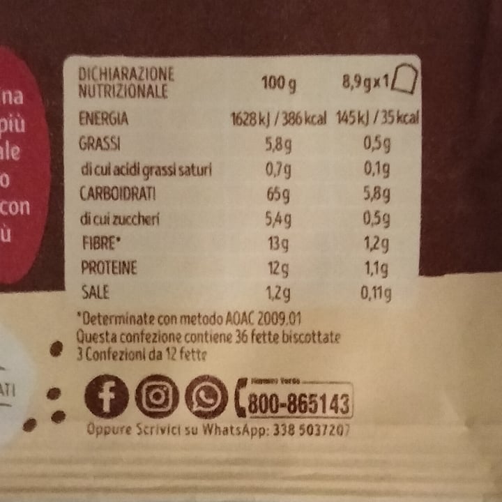 photo of Misura Fette biscottate con fibre Di Frumento E Avena shared by @naturalmentearia on  28 Mar 2022 - review