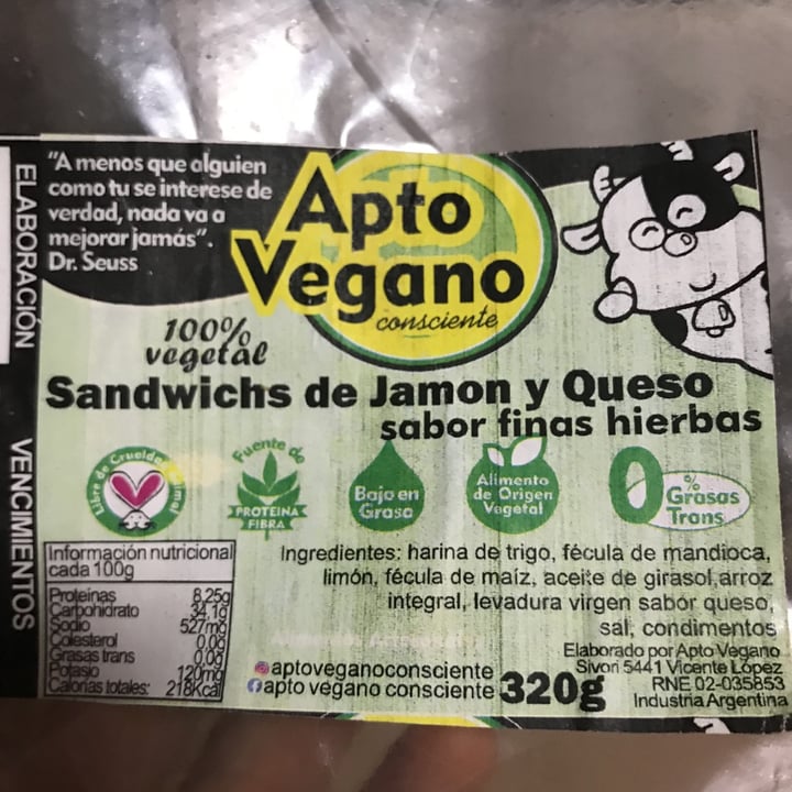 photo of Apto Vegano Consciente Sandwichs de jamon y queso sabor Finas Hierbas shared by @daicreep on  17 Sep 2020 - review
