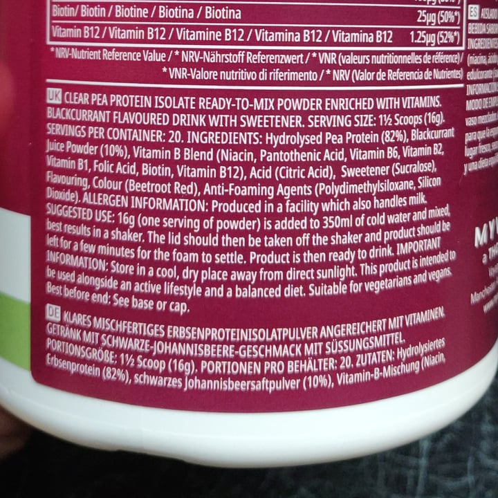 photo of MYVEGAN Clear Vegan Protein Blackcurrant shared by @sopheen on  06 May 2021 - review