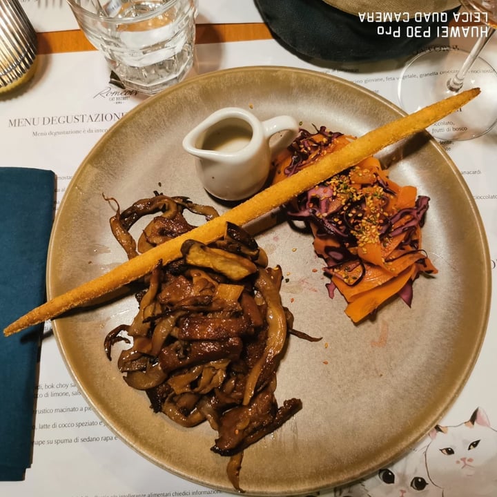 photo of Romeow Cat Bistrot Seitan e funghi di bosco arrosto, latte di cocco speziato e julienne di carote e verza viola alla senape shared by @niclaps on  01 Nov 2022 - review