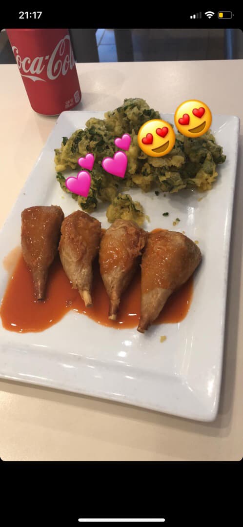 Photo of the dish “Buffalo “chicken” drumsticks with Kale chips”