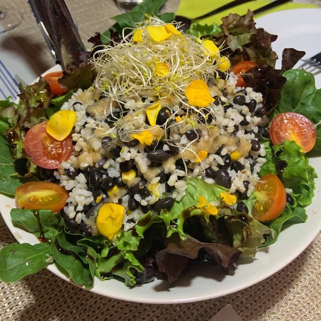 Foto do prato “Ensalada del Invernadero con Judías Negras de Fuerteventura y Arroz Integral”