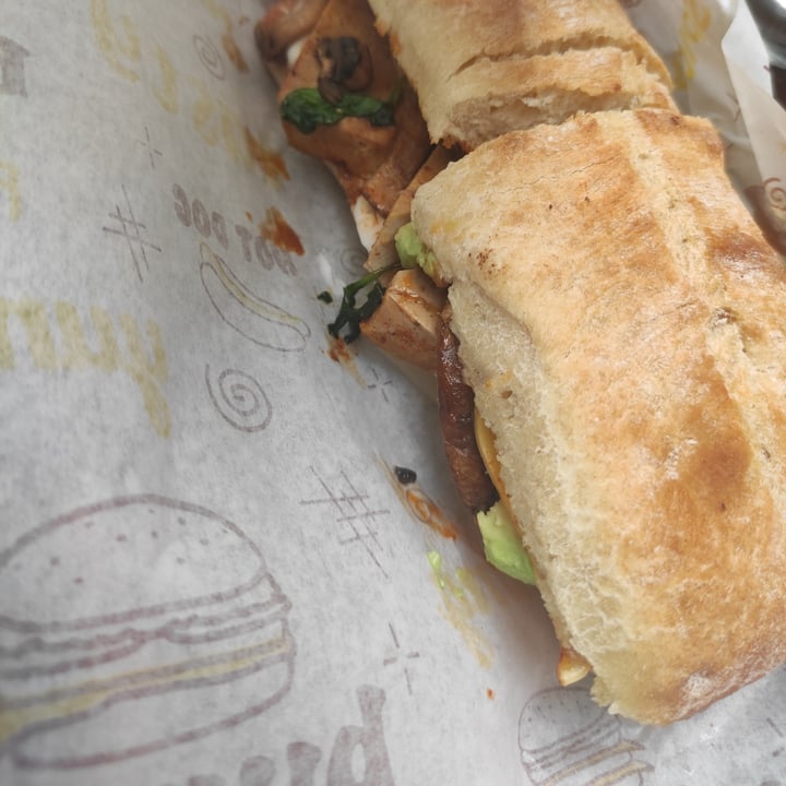 review photo of AHIMSA vega-yoga Ciabatta panini with tofu or seitan, with greens, mushrooms, mayo, avocado and cheese shared by @merlerouge on 18 Oct 2022 - review