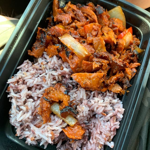 Photo of the dish “BBQ UnPork  and Purple Rice”