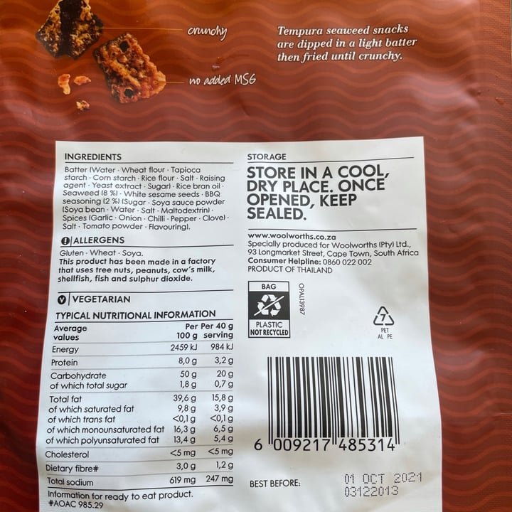 photo of Woolworths Food Seaweed Tempura Crisps BBQ Flavoured shared by @tpalframan on  10 Oct 2021 - review
