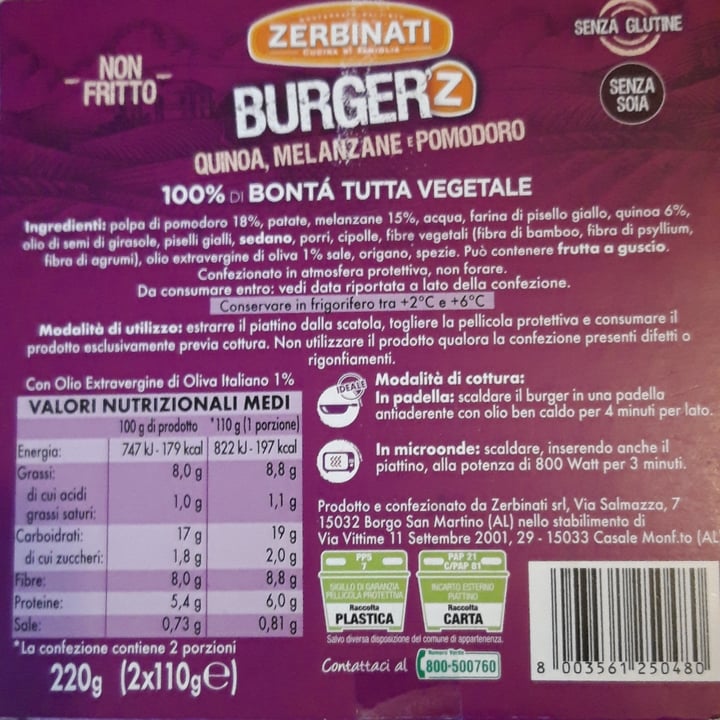 photo of Zerbinati Burger Quinoa, Melanzane e Pomodoro shared by @elee on  08 May 2022 - review
