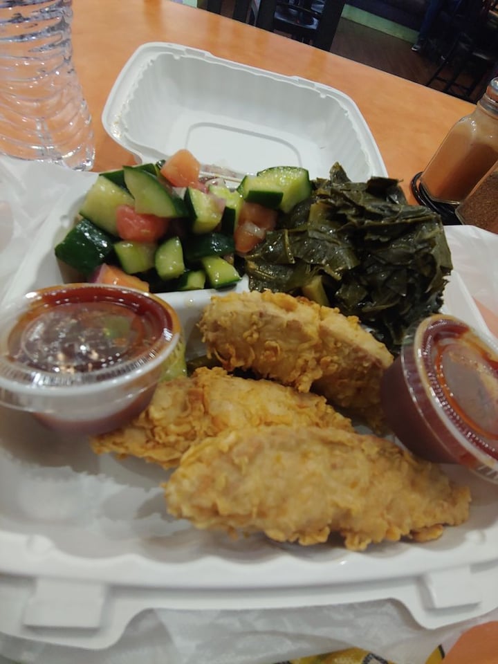 photo of NuVegan Café Chickn Tenders, Bbq Sauce, Collard Greens, And Greek Salad shared by @vecanter on  15 Nov 2019 - review