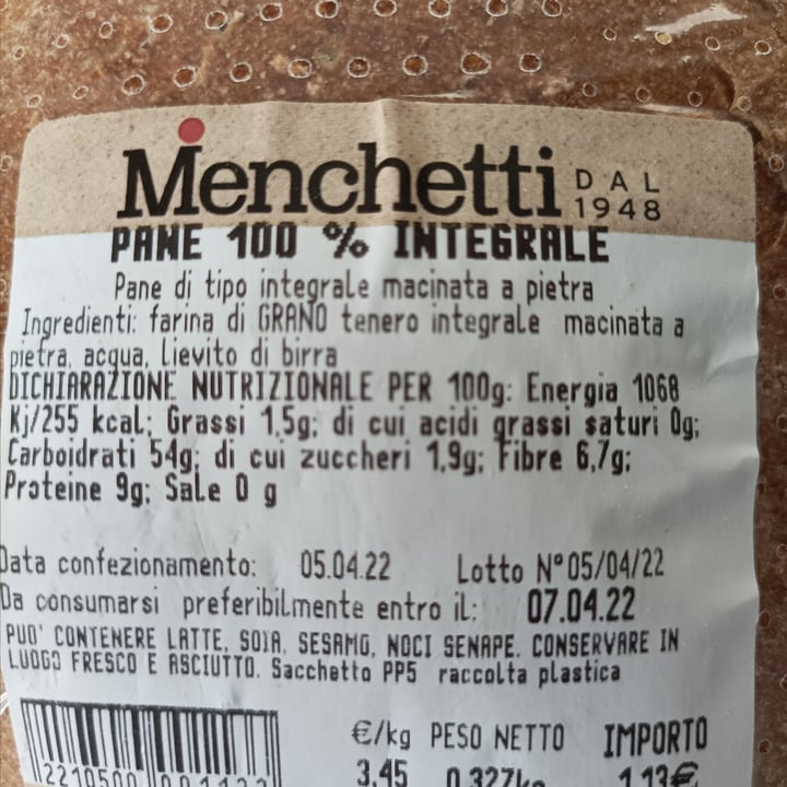 photo of Menchetti Pane 100% integrale shared by @antea on  08 Apr 2022 - review