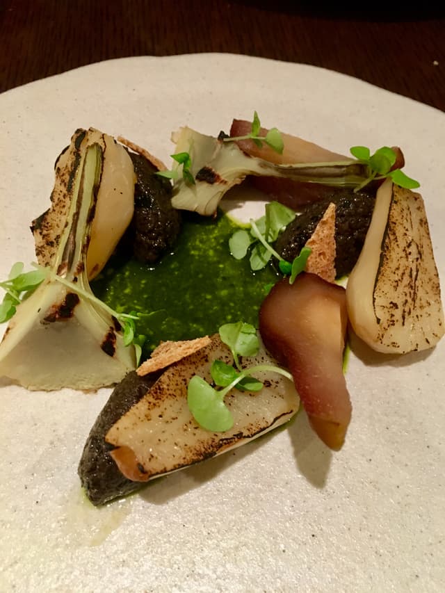 Photo of the dish “Artichokes, basil and pickeled pear”