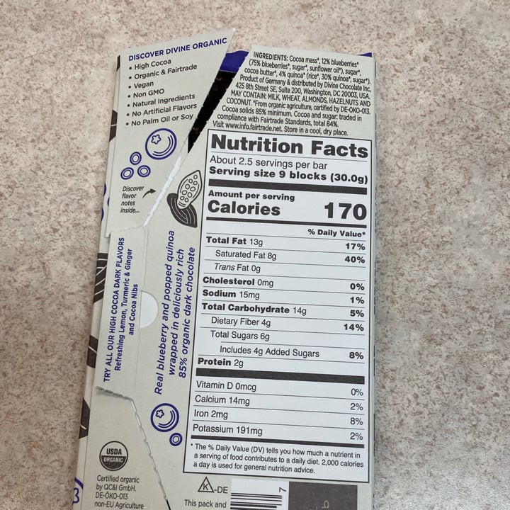 review photo of Divine Chocolate Rich Dark Chocolate with Blurberry and popped quinoa shared by @kitkas on 09 Jan 2021 - review