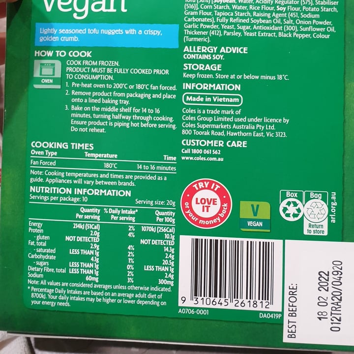 review photo of Coles Vegan Crumbed tofu nuggets shared by @plantbasedlans on 19 Jun 2020 - review