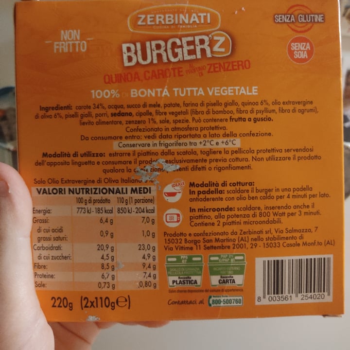 photo of Zerbinati Burger'Z Quinoa, Carote e Zenzero shared by @chiarin94 on  02 Feb 2022 - review