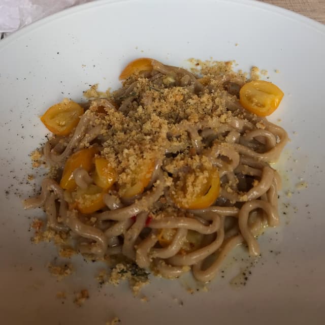 Photo of the dish “Pincinelle AOP, pomodorini gialli e pane tostato”