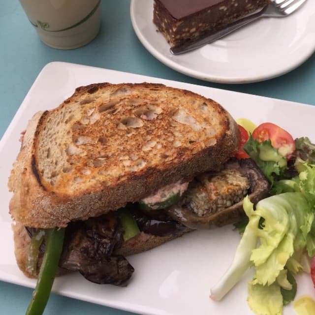 Photo of the dish “Caramelised onion hummus and roasted aubergine sourdough sandwich”