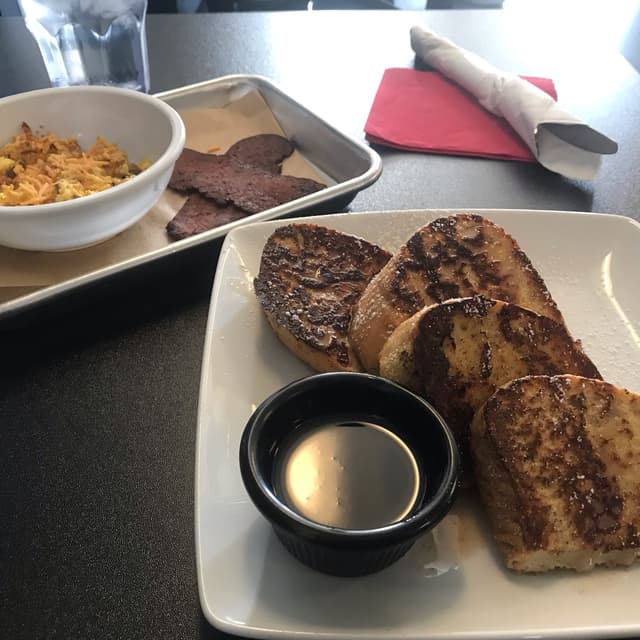 Photo of the dish “Vegan French toast, Cheesy J’Egg Scramble and Bacun”