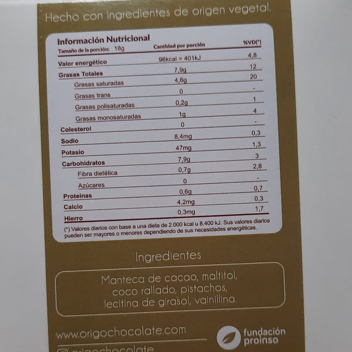 photo of Origo Chocolate Blanco A Base De Leche De Coco Con Pistachos shared by @vegaly on  06 Apr 2021 - review