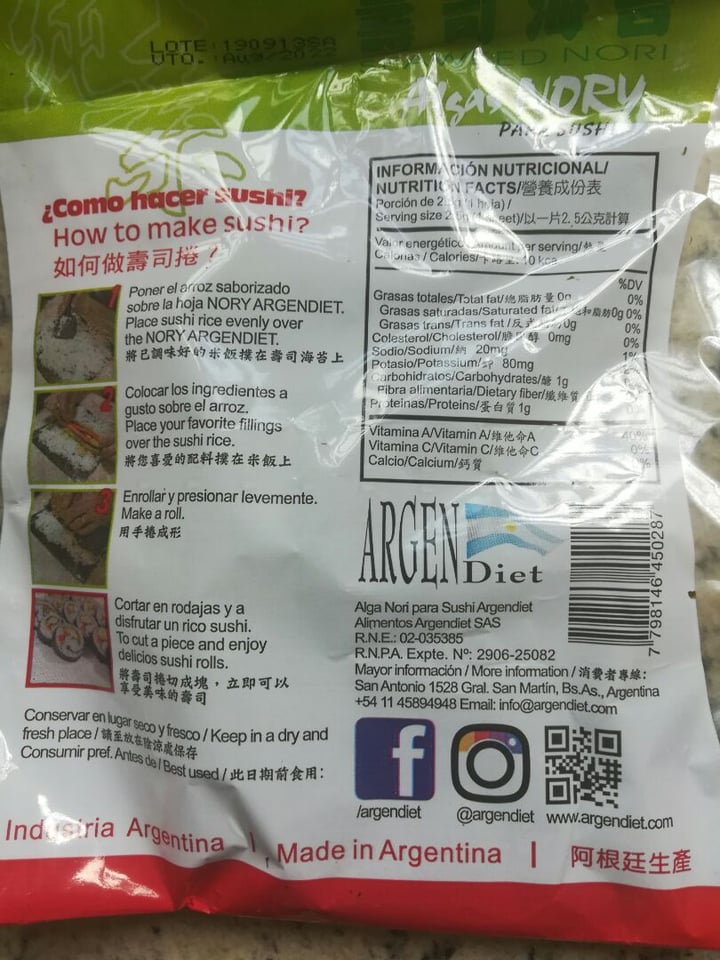 review photo of ArgenDiet Algas Nory para Sushi shared by @joaco on 15 Jan 2020 - review
