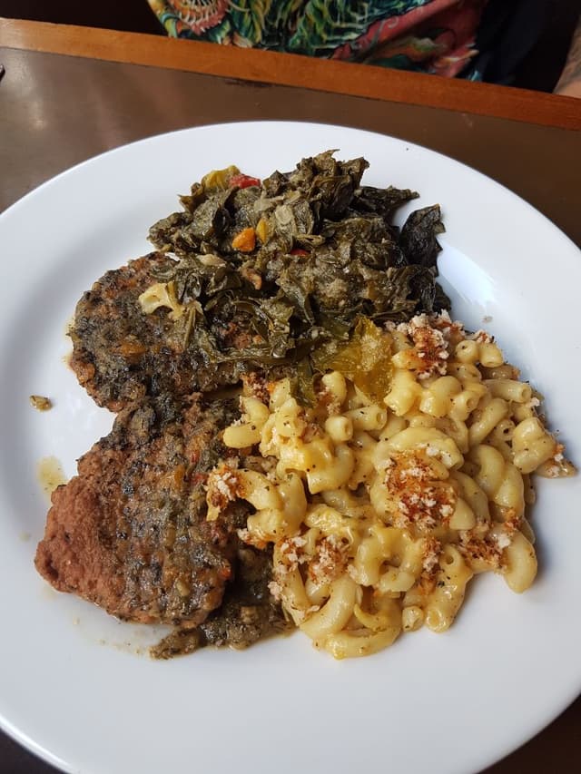 Photo of the dish “Steak, Collard Greens, and Mac N Cheese”
