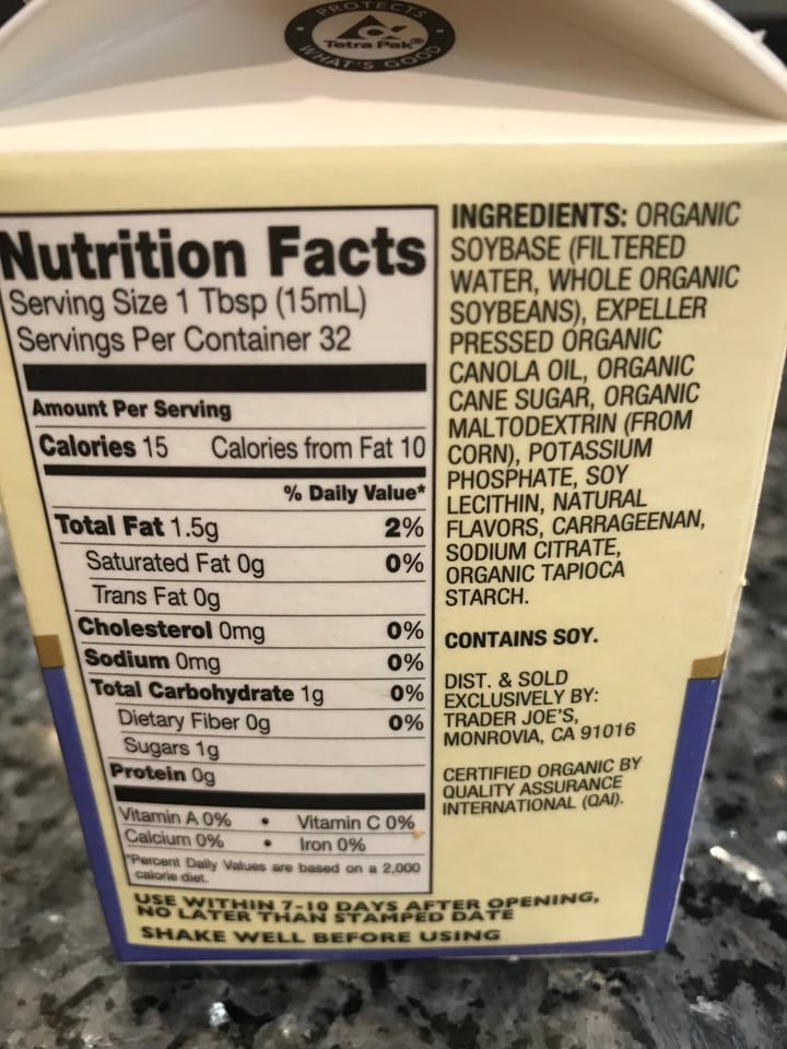 photo of Trader Joe's Soy Creamer shared by @sgrande on  16 Jul 2019 - review