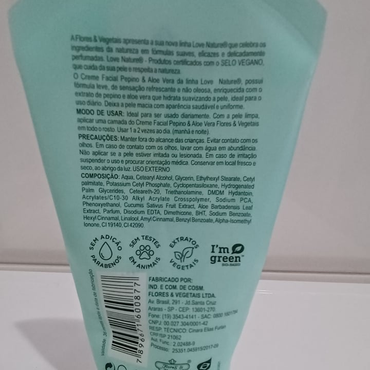 review photo of Flores & Vegetais Creme facial Pepino & Aloe Vera shared by @ceu-azul on 19 Jun 2022 - review