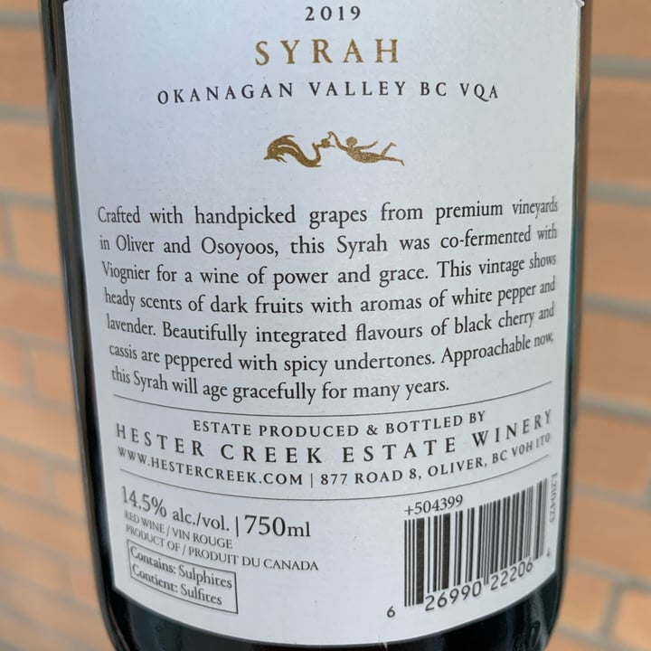 photo of Hester Creek Estate Winery Syrah shared by @louisg on  11 Jun 2022 - review