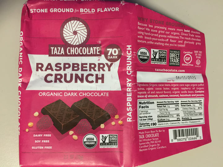 photo of Taza Chocolate TAZA CHOCOLATE  70%  Raspberry Crunch shared by @justinej on  20 Mar 2020 - review