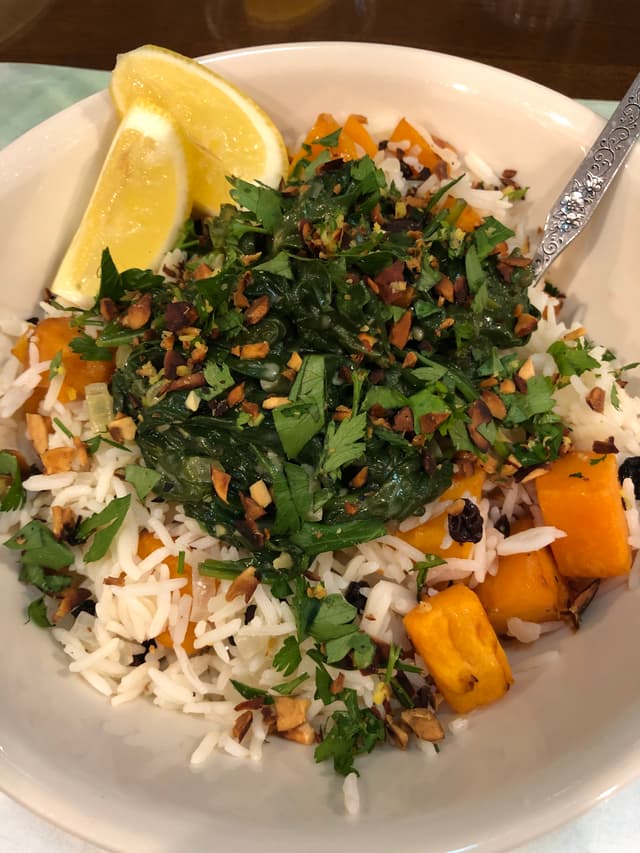 Photo of the dish “ROASTED BUTTERNUT PILAF with Creamed Spinach & Almond Gremolata”