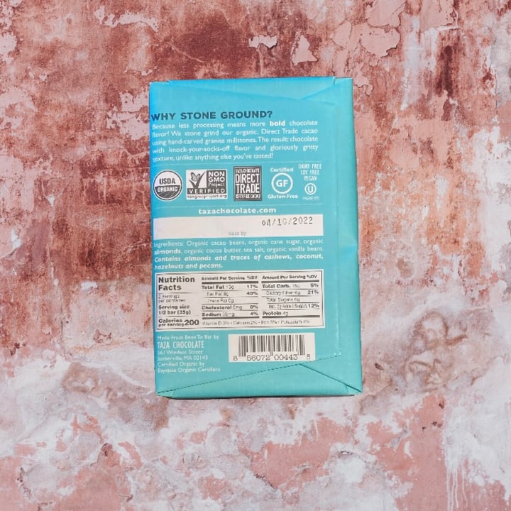 photo of Taza Chocolate Sea Salt & Almond Organic Dark Chocolate shared by @glutenfreevee on  09 Feb 2022 - review