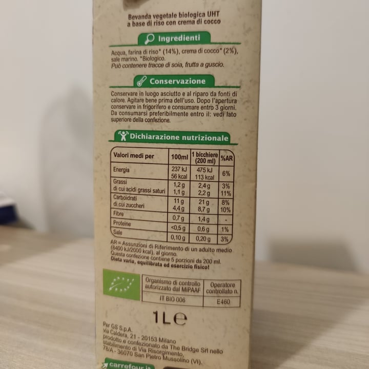 photo of Carrefour Bio Latte di riso e cocco shared by @manuelocchetti on  19 Mar 2022 - review