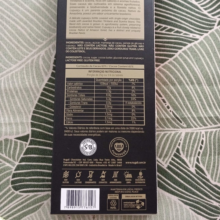 photo of Nugali Chocolates  Ind. Com. Ltda Chocolate Amargo 63% Cacau com Crocante de Cupuaçu shared by @pamioliveira on  23 Aug 2022 - review
