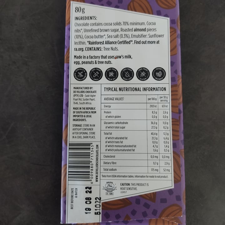 photo of De Villiers Chocolate Devilliers Chocolate Salted Almond Dark Chocolate shared by @anxietea on  23 Dec 2021 - review
