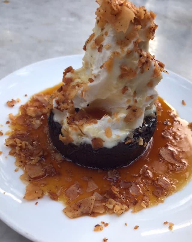 Photo of the dish “Vegan Brownie with Coconut Bacon Chips”