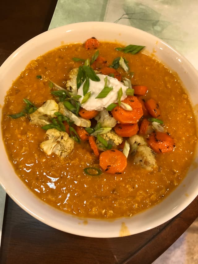 Photo of the dish “COCONUT LENTIL SOUP with Caraway Roasted Vegetables”