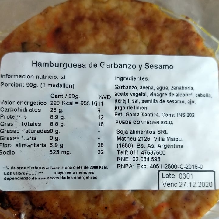 review photo of Mi Soja Hamburguesa de garbanzo y sésamo shared by @tony on 04 Dec 2020 - review
