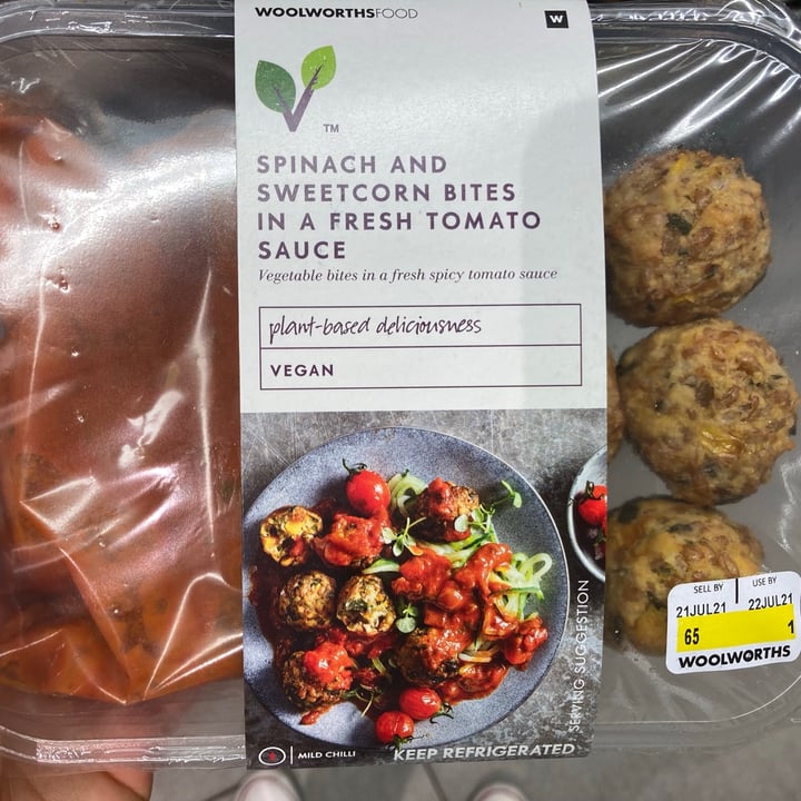 photo of Woolworths Food Spinach and sweetcorn bites in fresh tomato sauce shared by @miapretorius on  17 Jul 2021 - review
