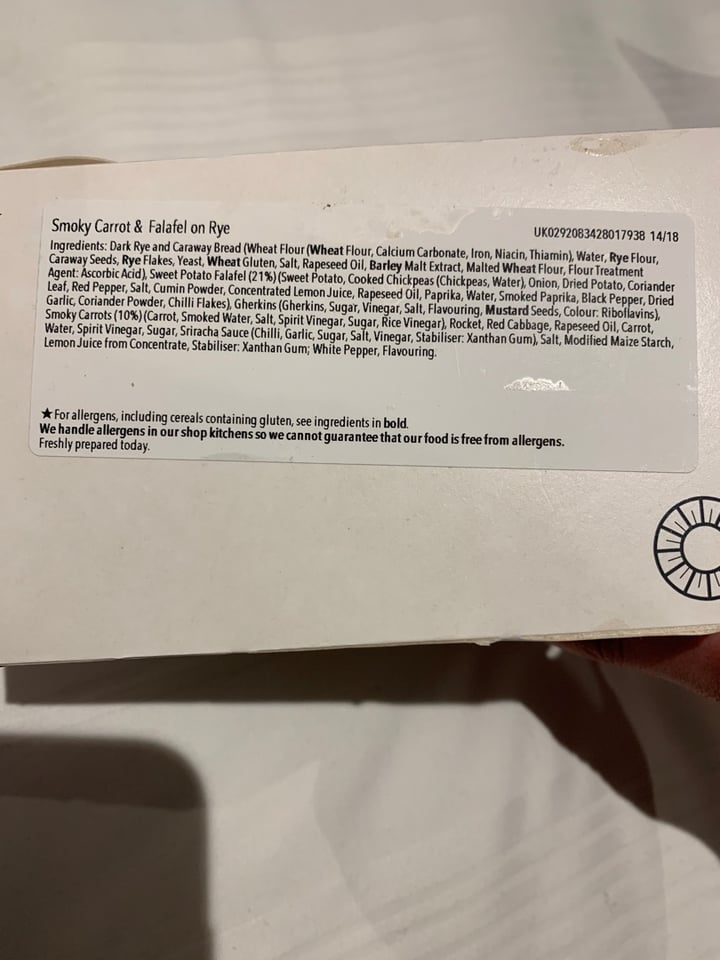 review photo of Pret A Manger Smoky Carrot & Falafel on Rye shared by @kayleigh-jade on 17 Feb 2020 - review