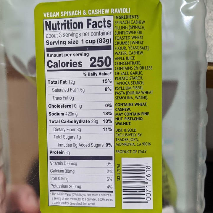 review photo of Trader Joe's Vegan Spinach & Cashew Ravioli shared by @prismaticpattern on 30 May 2022 - review