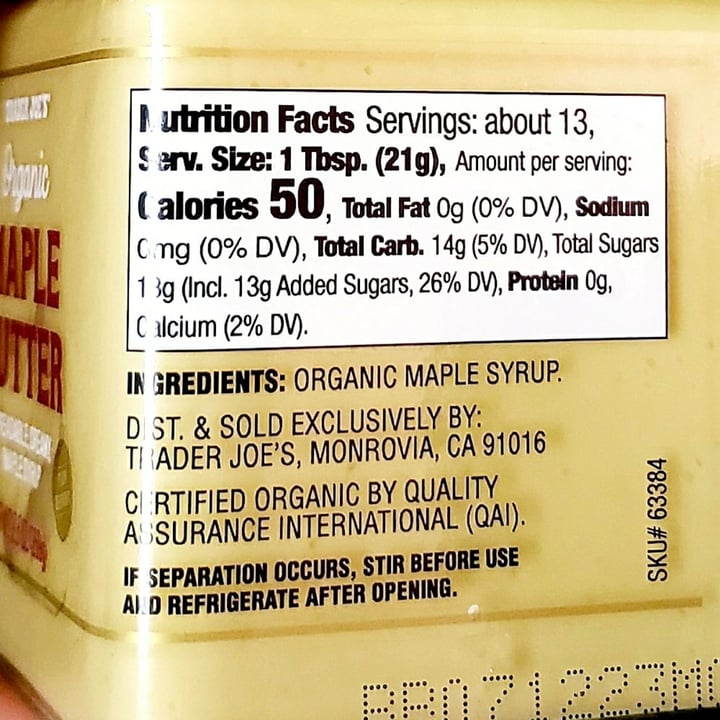 photo of Trader Joe's Organic Maple butter shared by @veganmeg on  18 Sep 2021 - review