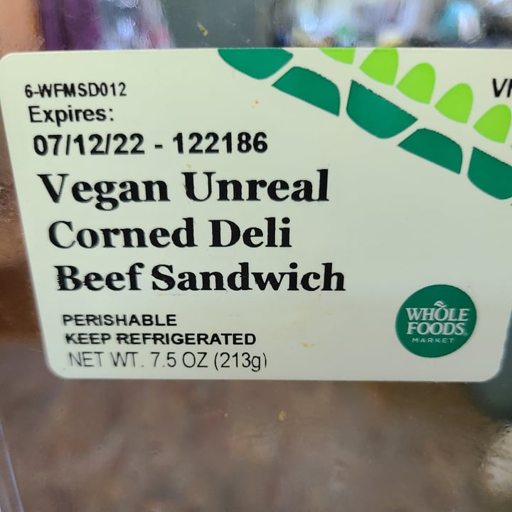 photo of Whole Foods Market Vegan Unreal Corned Deli Beef Sandwich shared by @simpleme on  09 Jul 2022 - review