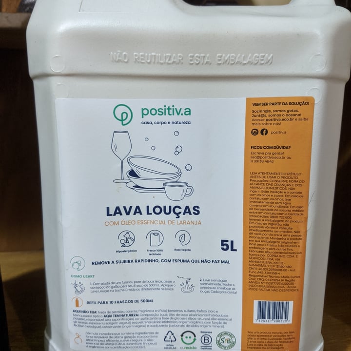 review photo of Positiv.a Lava Louças Com Óleo Essencial De Laranja 5 Litros shared by @brumariano on 01 May 2022 - review