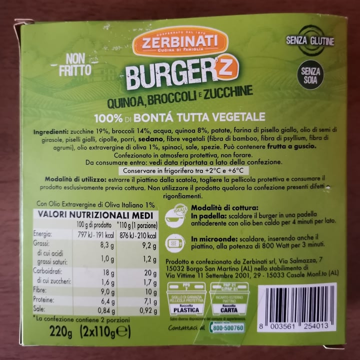 review photo of Zerbinati Burger'Z Quinoa, Broccoli e Zucchine shared by @giuliagraziano on 13 May 2022 - review