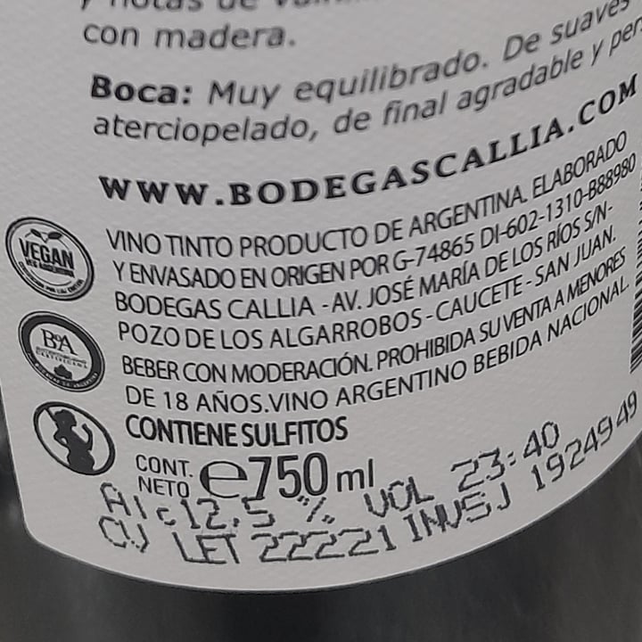 photo of Bodega Callia Vino Malbec shared by @nicolita on  29 Sep 2022 - review