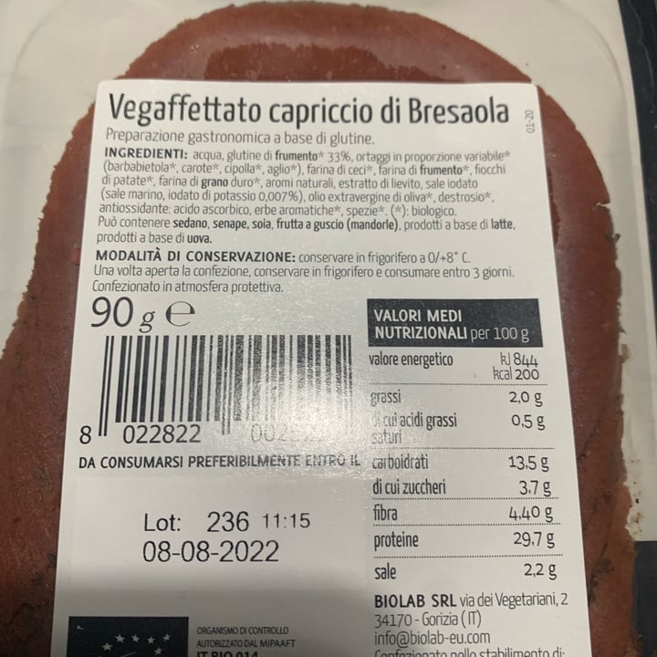 review photo of Biolab Affettato vegano bresaola shared by @monazenze on 20 Jul 2022 - review