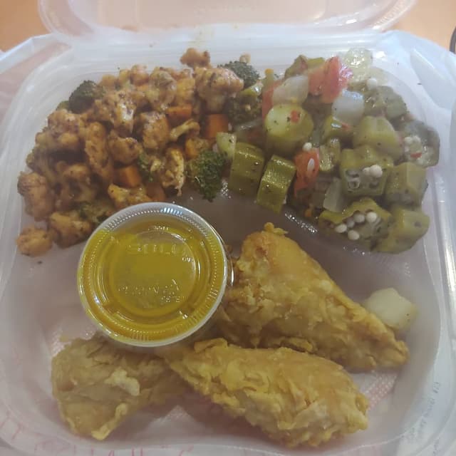 Photo of the dish “Vegan Drummies with Honey Mustard, Tomatoes and Okra, and Floret Fusion Salad”