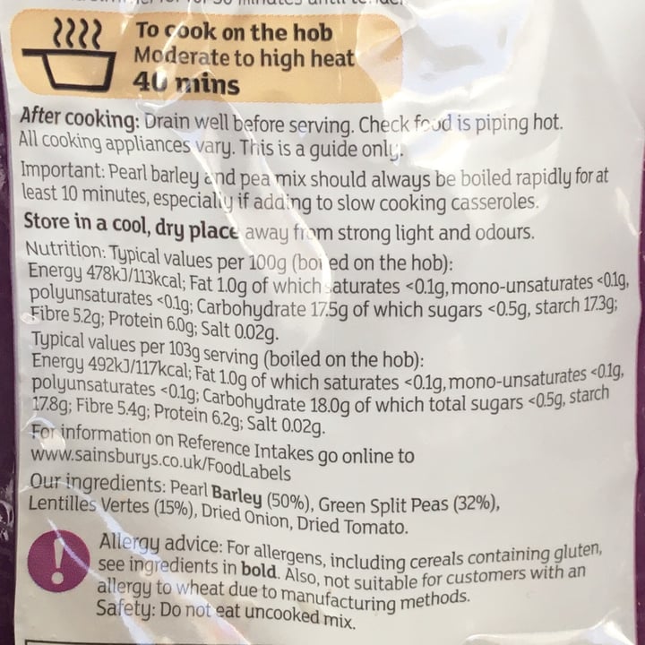 photo of Sainsbury's Pearl Barley and Pea mix for stew shared by @maryhawk on  24 Apr 2021 - review