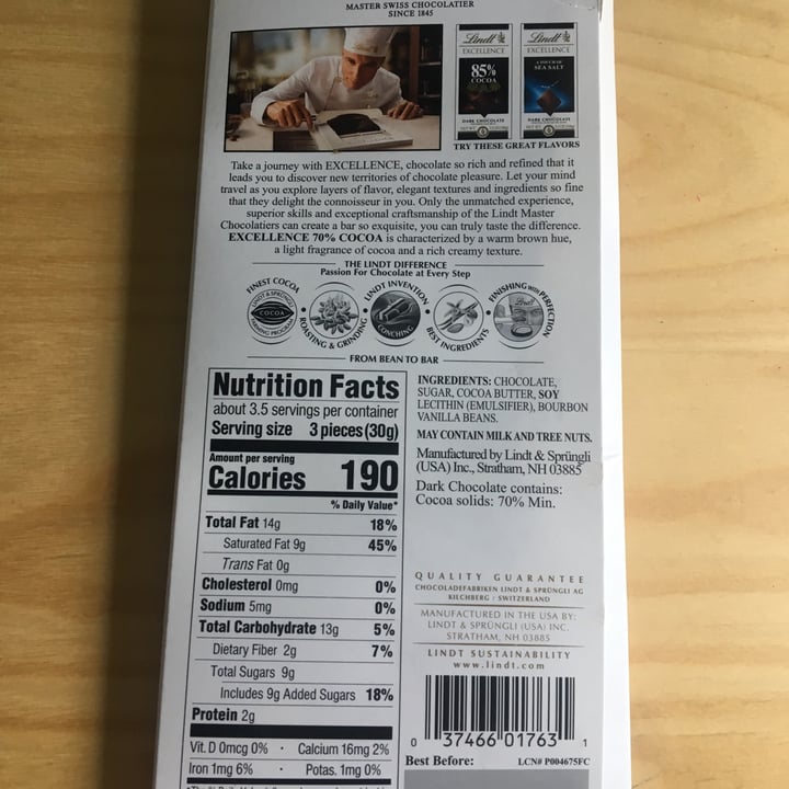 review photo of Lindt 70% Cocoa Dark Chocolate Excellence Bar shared by @elodiee on 22 Jun 2020 - review