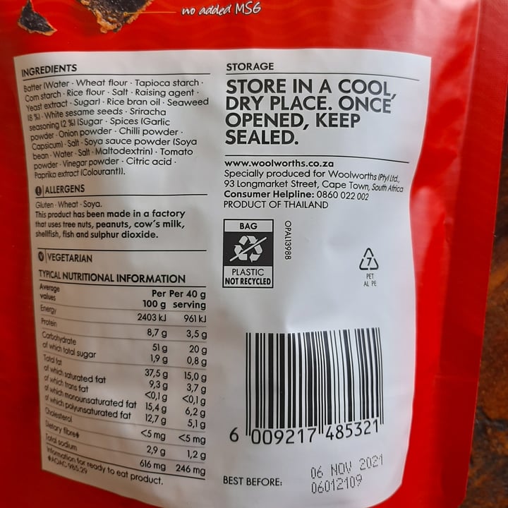 photo of Woolworths Food Seaweed Tempura Crisps Sriracha Flavoured shared by @rynol on  16 Oct 2021 - review